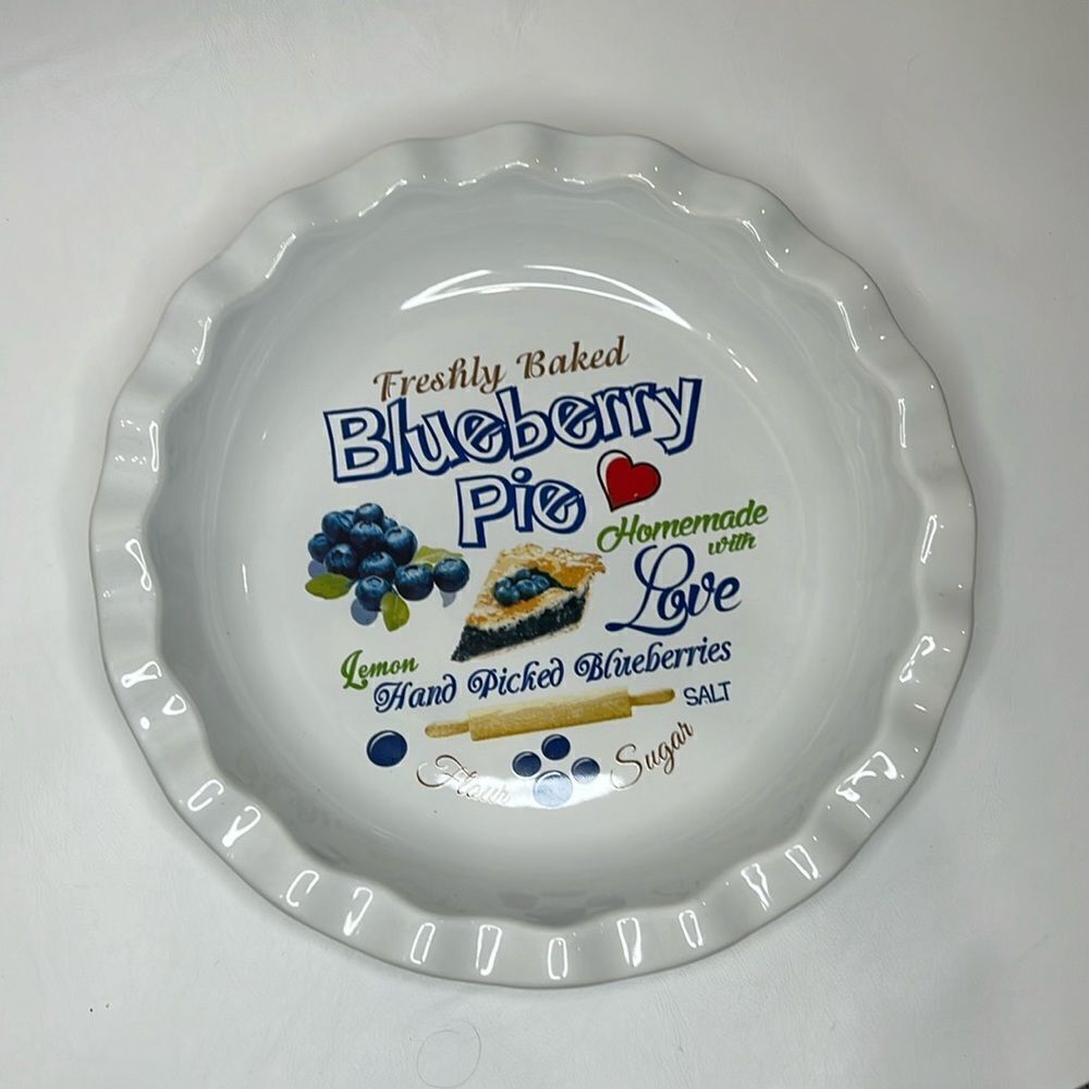 Blueberry Pie Plate 9 3/4 Inch Round Fluted Rim White Blue Homemade Sugar Love